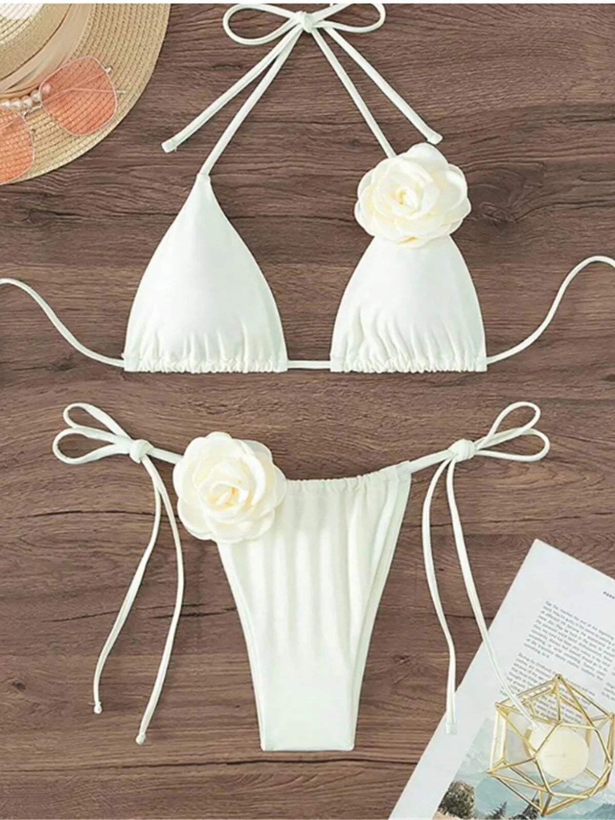 Janet Sexy 3D Flowers Halter Strappy Bikini