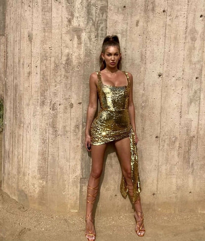 Renee Gold Ruched Sexy Mini Dress