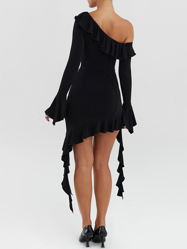 Jasmine Diagonal Collar Ruffled Sexy Mini Dress