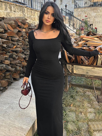 Gina Black Lace-up Long Sleeve Maxi Dress