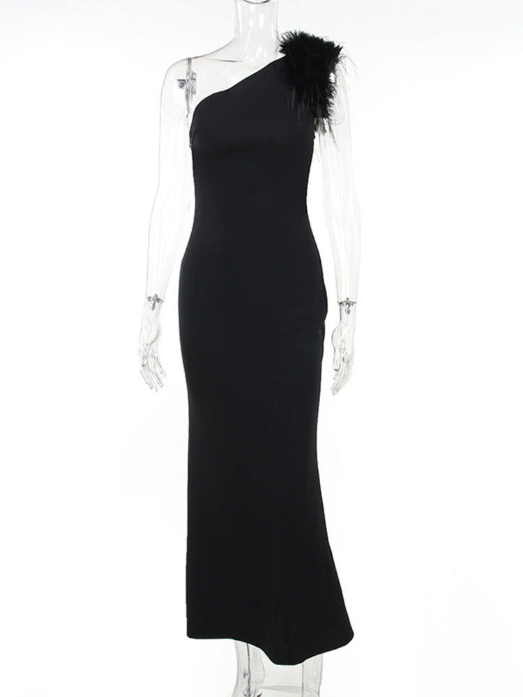 Diana One Shoulder Feather Backless Sexy Maxi Dress