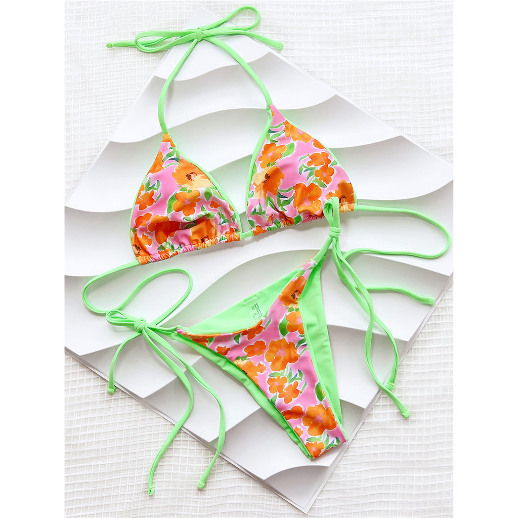 Patty Flowers Printed Halter Strappy Bikini