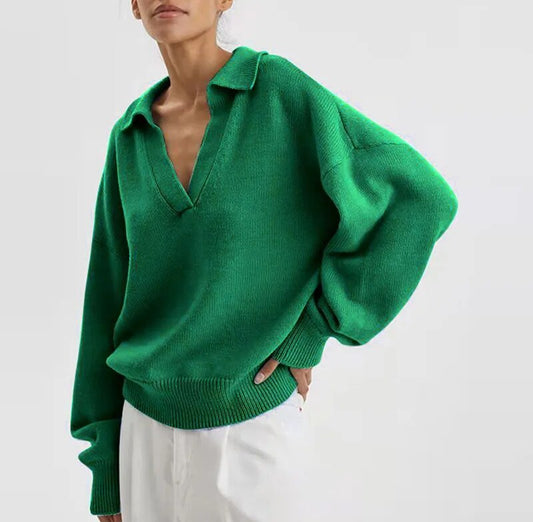 Whitney Solid V-Neck Turn-Down Collar Women Sweater