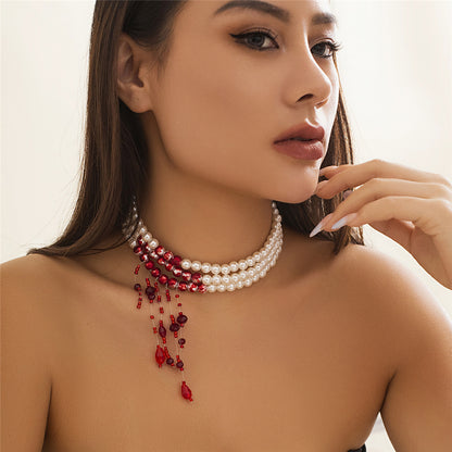 Dorothy Red Blood Pattern Pearl Tassel Pendant Necklace