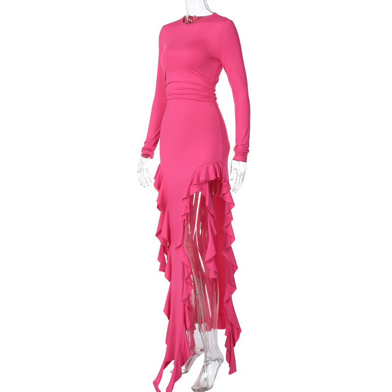 Alana Ruffle Thigh High Split Maxi Dress