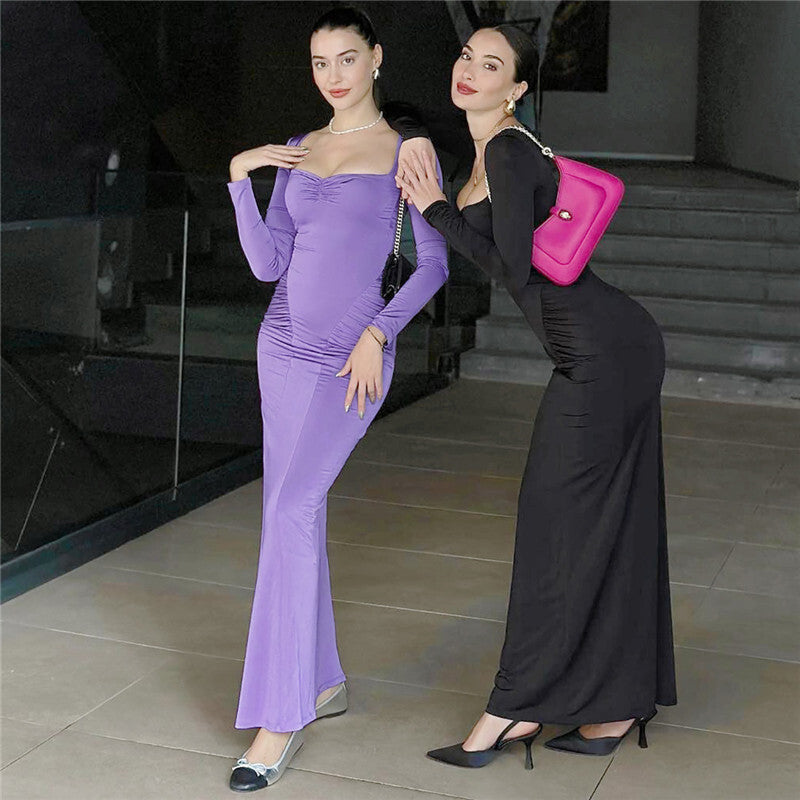 Pamela Square Collar Long Sleeve Sexy Long Dress