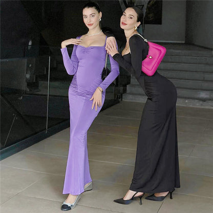 Pamela Square Collar Long Sleeve Sexy Long Dress