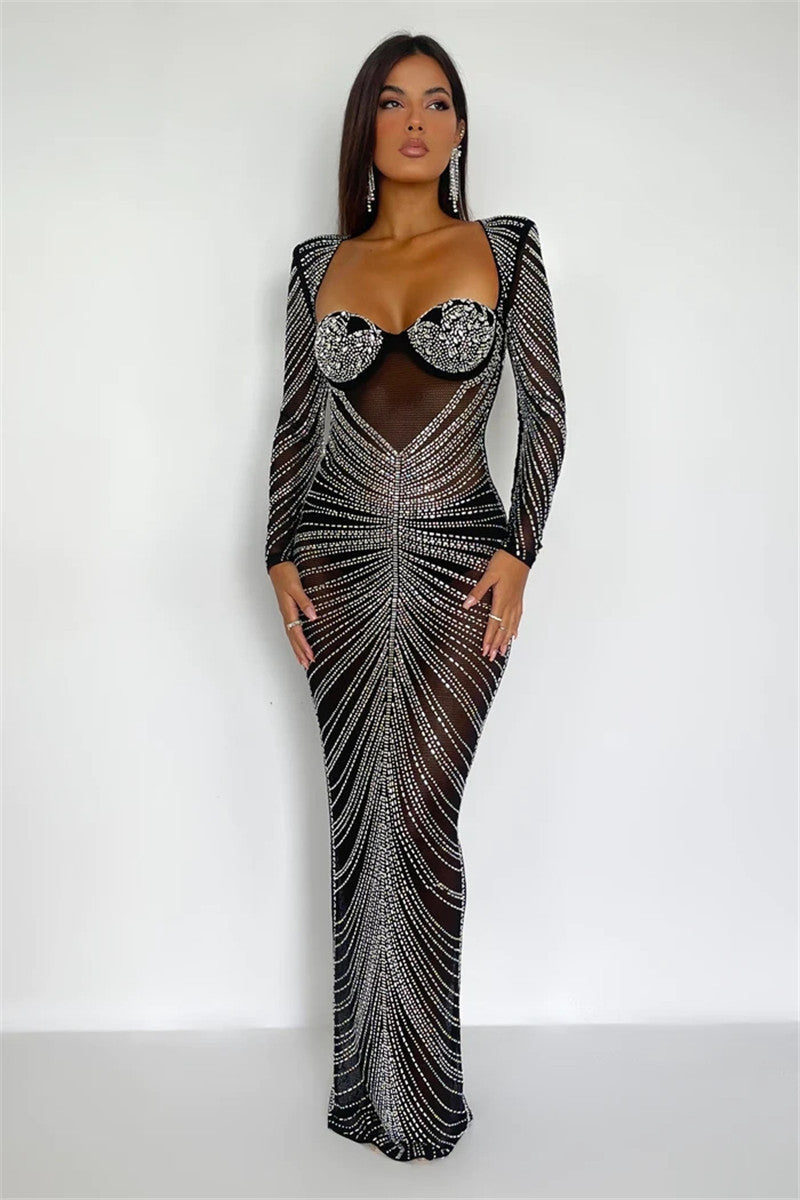 Lydia Glitter Mesh See Through Party Maxi Dress