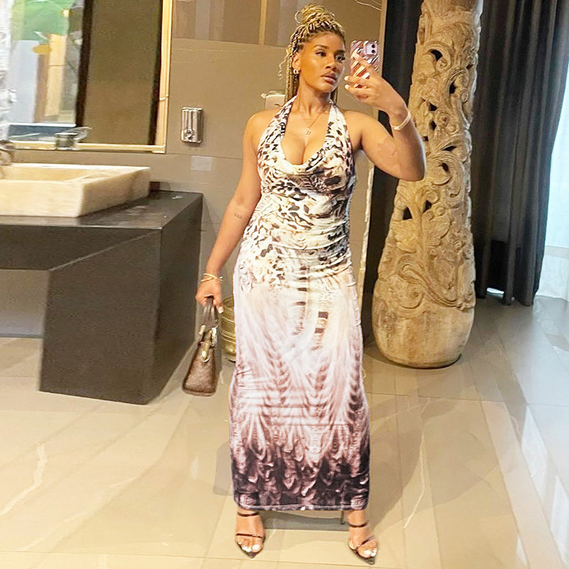 Shannon Backless Print V-neck Lace Up Sexy Maxi Dress