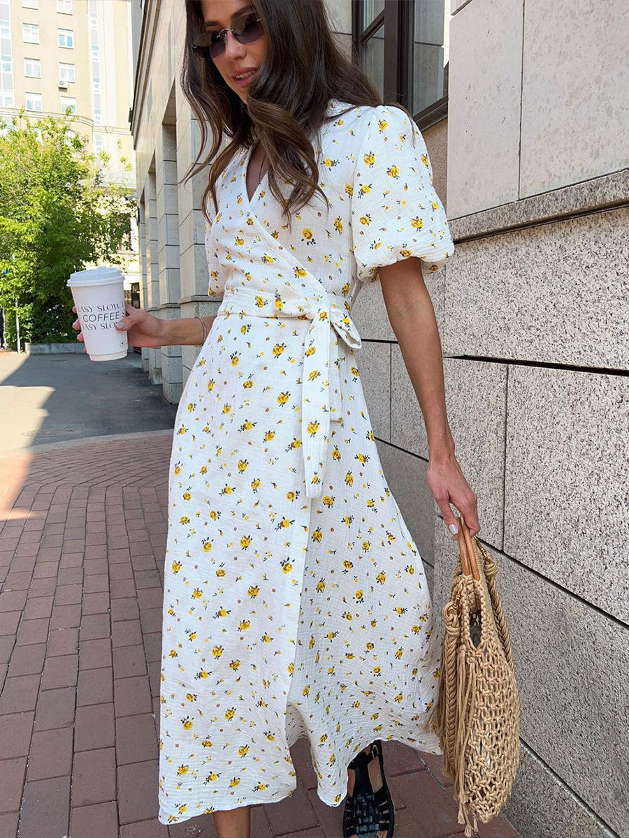 Laura V-Neck Printed Lace-Up Maxi Dress