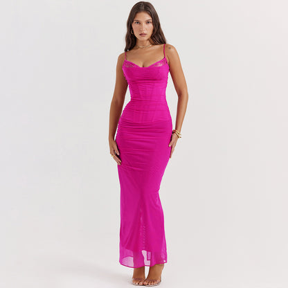Erika Lace Mesh Sexy Spaghetti Strap Maxi Dress