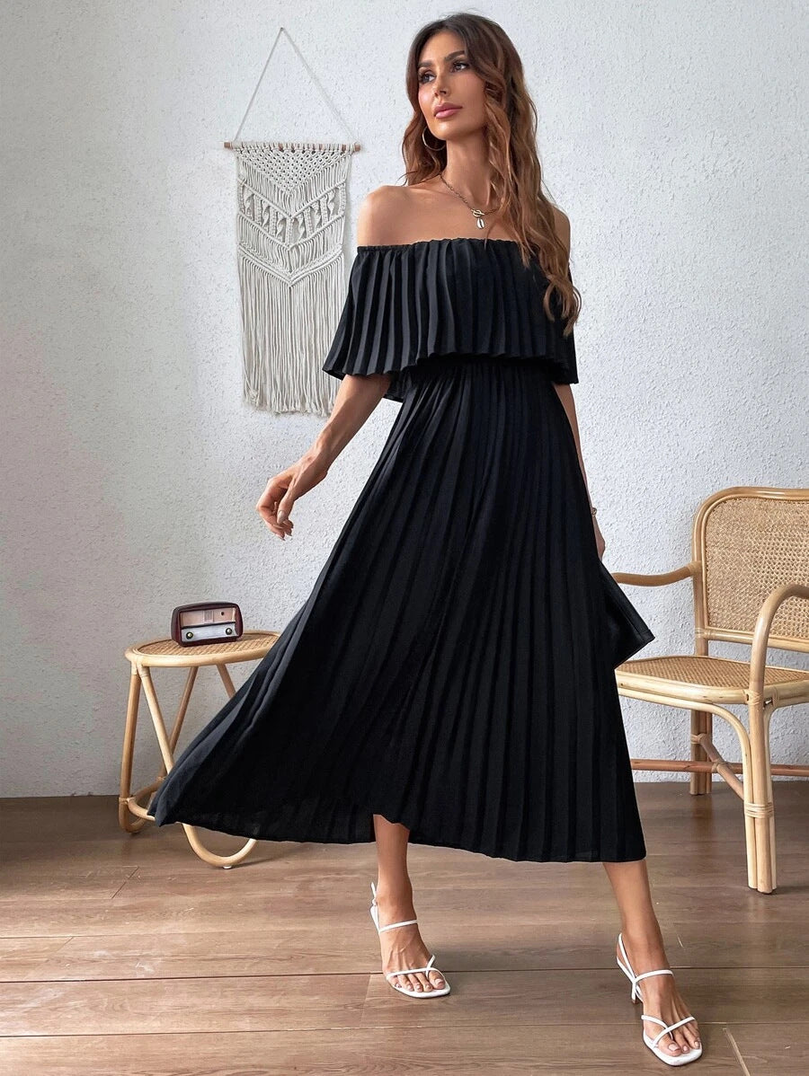 Pleated Backless Off Shoulder Long Dress