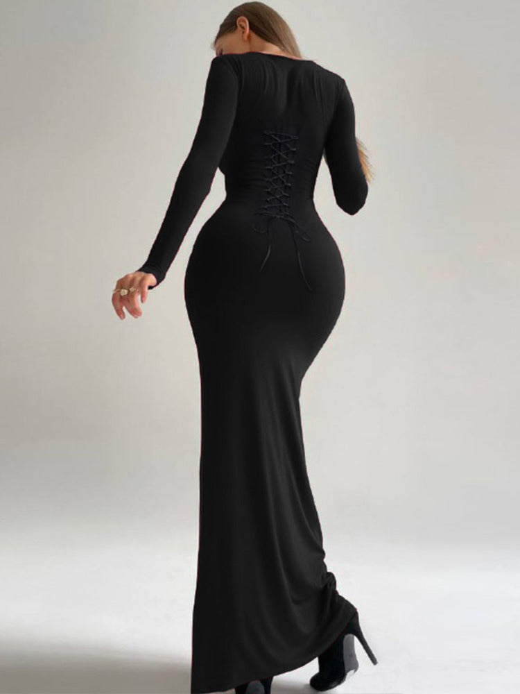 Gina Black Lace-up Long Sleeve Maxi Dress