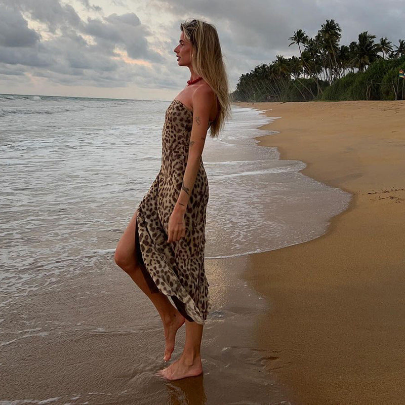 Ruby Vintage Leopard Print Sexy Straps Long Dress