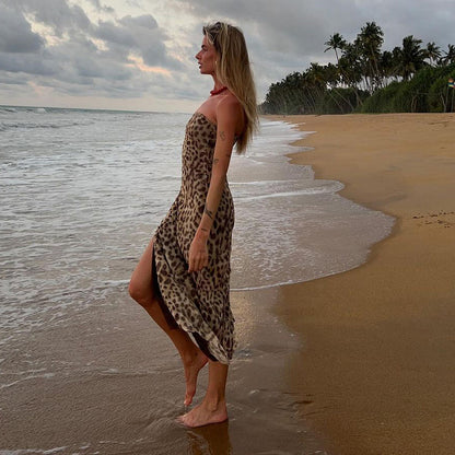 Ruby Vintage Leopard Print Sexy Straps Long Dress