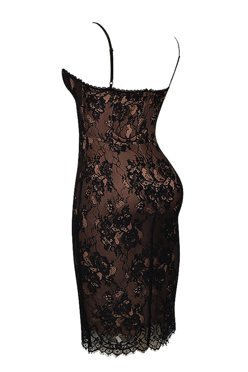 Sara Lace Print Spaghetti Strap Sexy Midi Dress