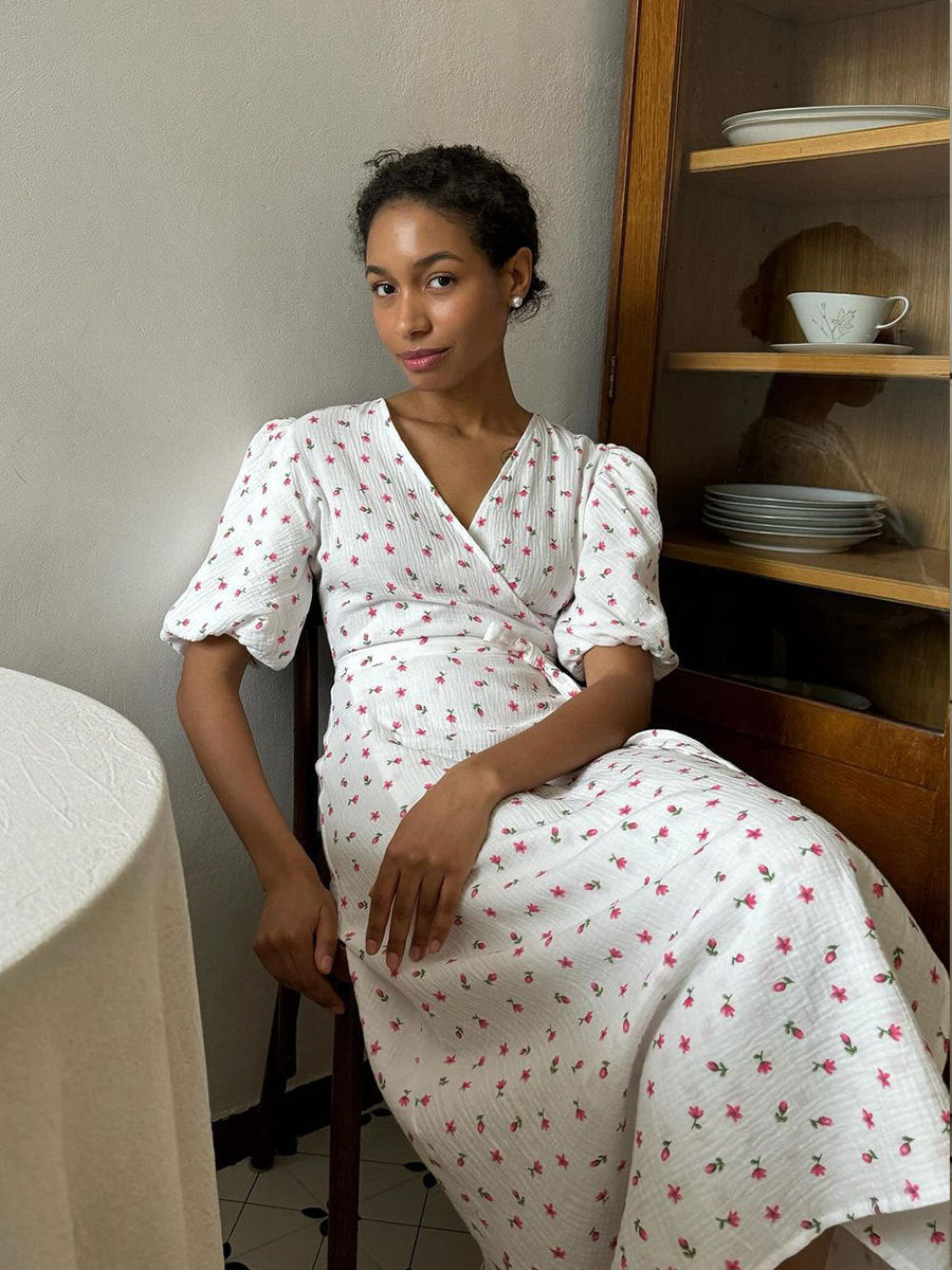 Laura V-Neck Printed Lace-Up Maxi Dress