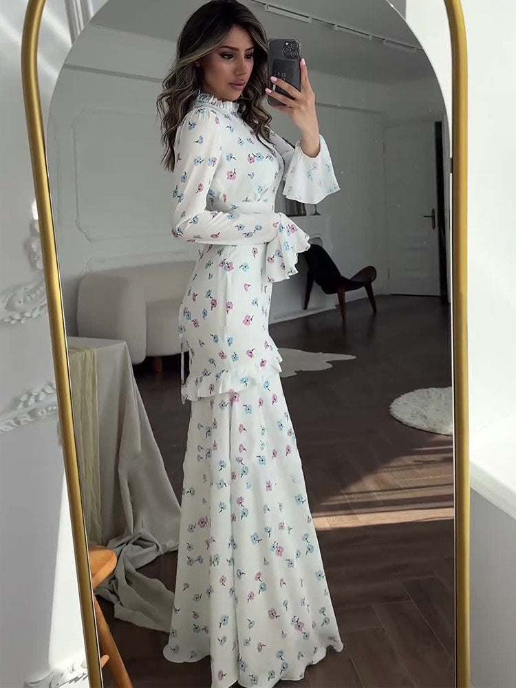 Molly Ruffle Printed Long Sleeve Long Dress