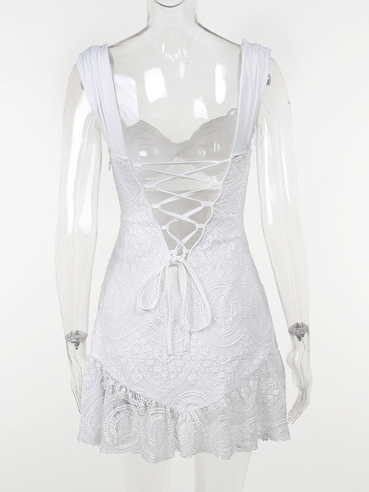 Irene White Embroidered Lace Ruffled Mini Dress