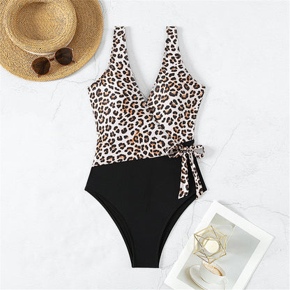 Jenna Leopard Splicing V Neck One Piece Swimsuit