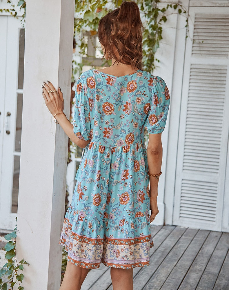 Bonnie Floral Puff Sleeve Summer Midi Dress