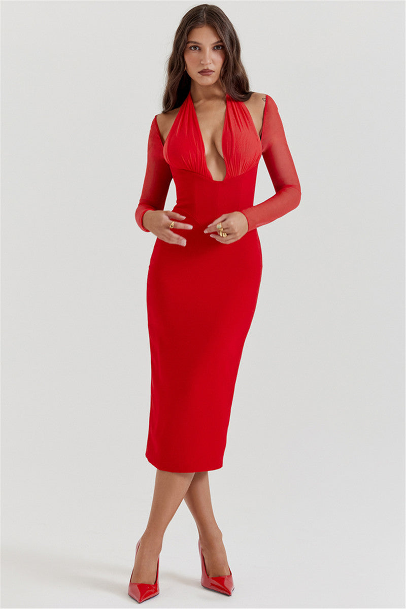 Teresa Halter Deep V Neck Sexy Midi Dress