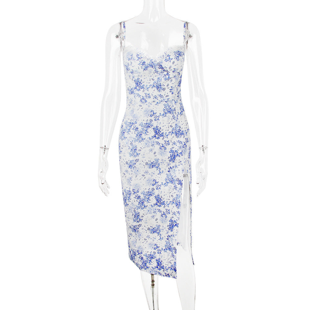 Helen Blue Print Split Midi Dress