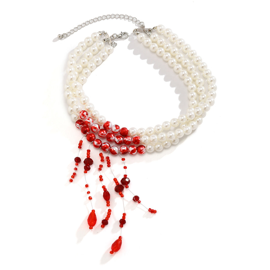 Dorothy Red Blood Pattern Pearl Tassel Pendant Necklace