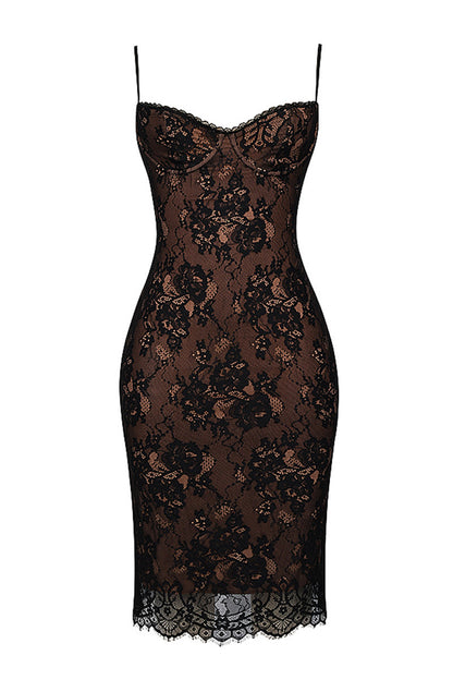 Sara Lace Print Spaghetti Strap Sexy Midi Dress