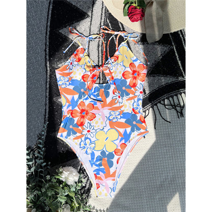 Kelly Flowers Printed Backless One Piece Swimsuit