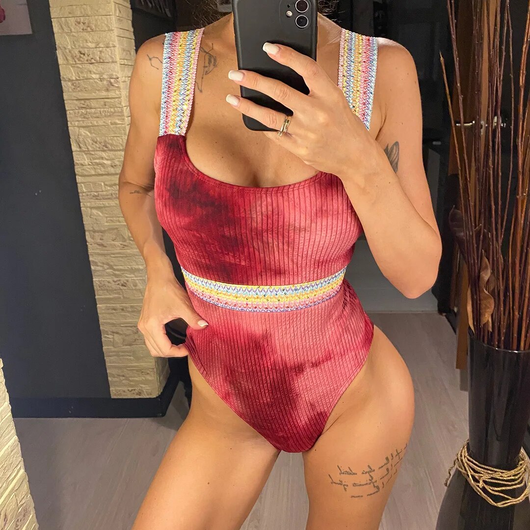 Aimee Tie Dye Ribbed High Leg Cut One Piece Swimsuit