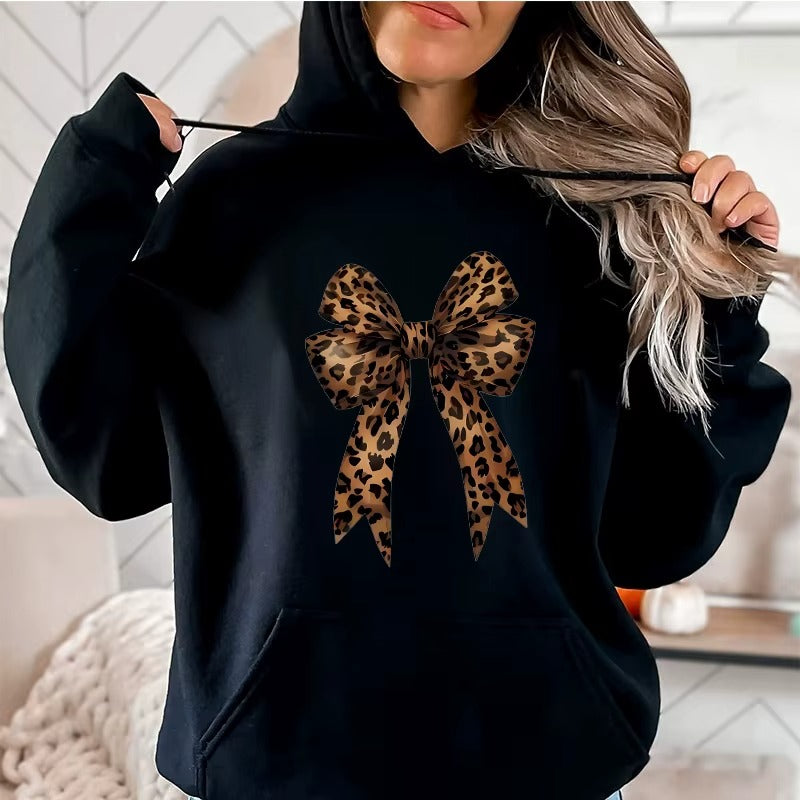 Casual Pullover Hoodie with Funny Bow & Heart Pattern on Leopard Print