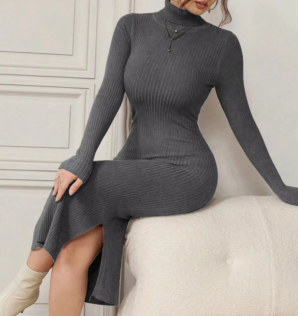 Gray High Neck Knitted Dress for Women