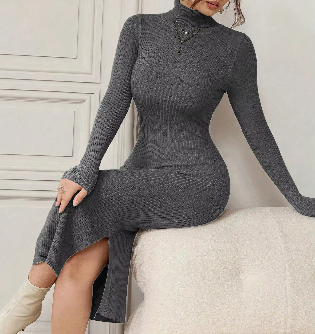Gray High Neck Knitted Dress for Women