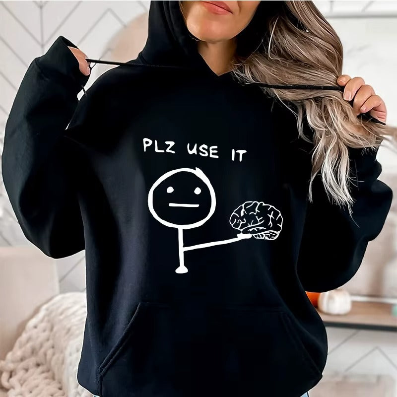 Casual Unisex Hoodie with "PLZ USE IT" Print