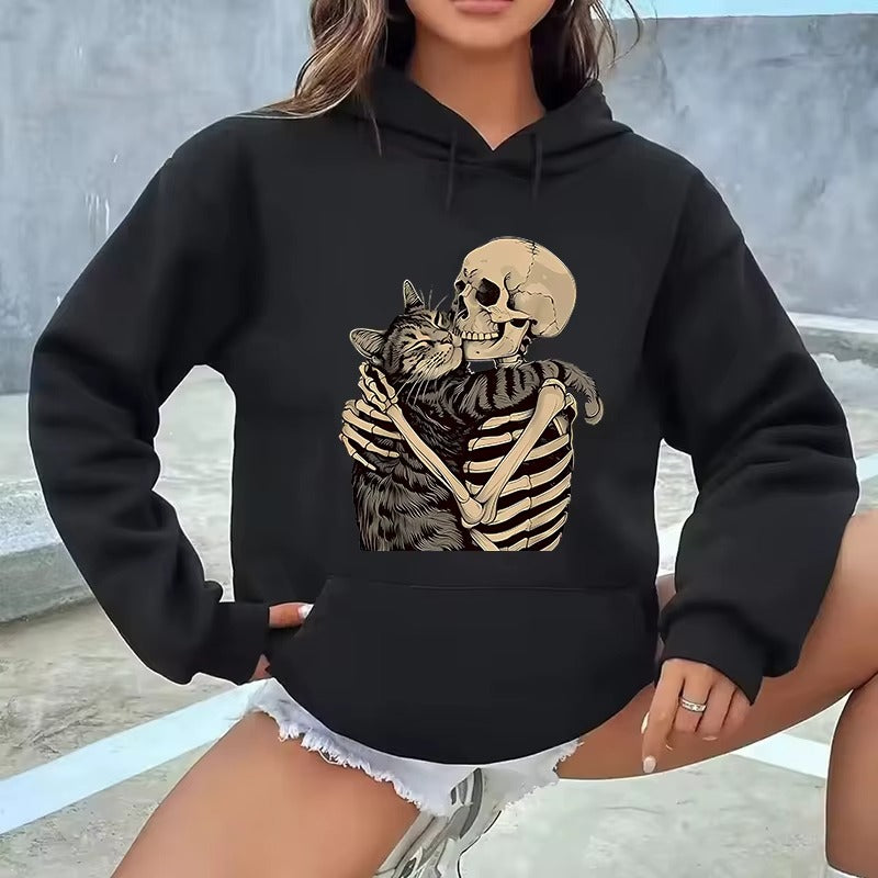Cozy Fall Hoodie with Funky Skull and Cat Print