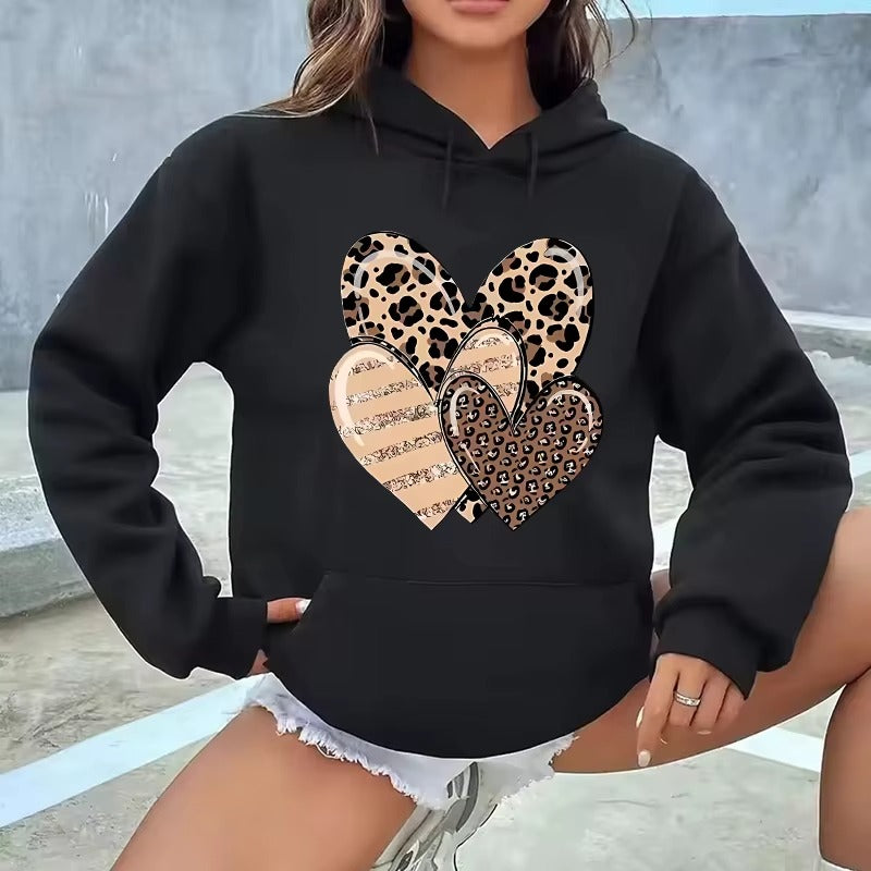 Women's Leopard and Glitter Heart Graphic Print Hoodie