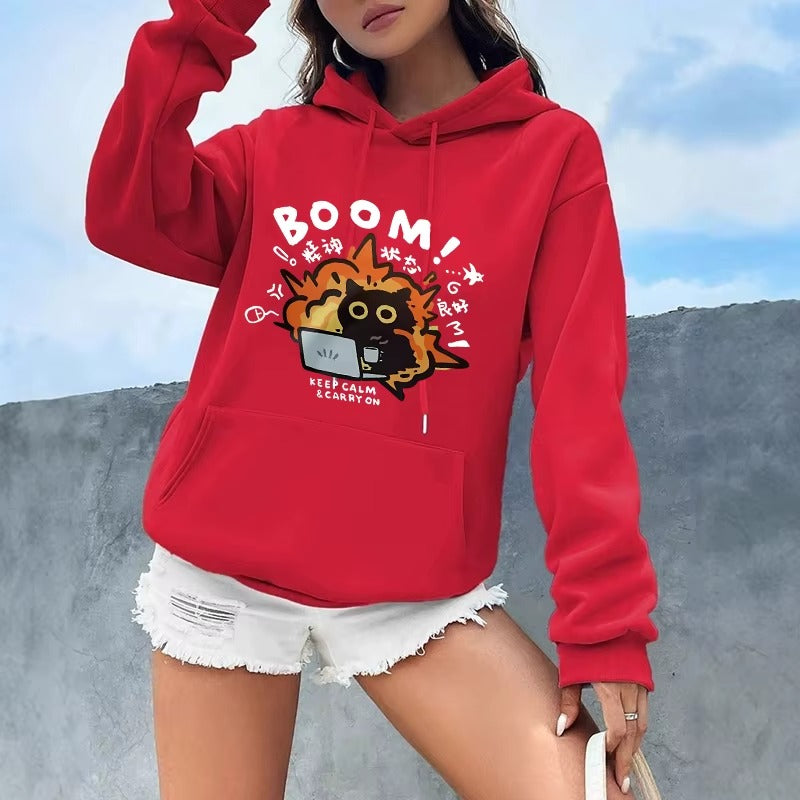 Funny Cat Print Pocket Hoodie