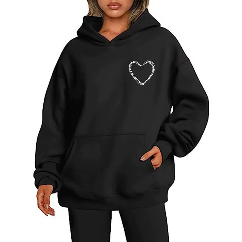 Women's Casual Hoodie with Kangaroo Pocket & Simple Heart Print