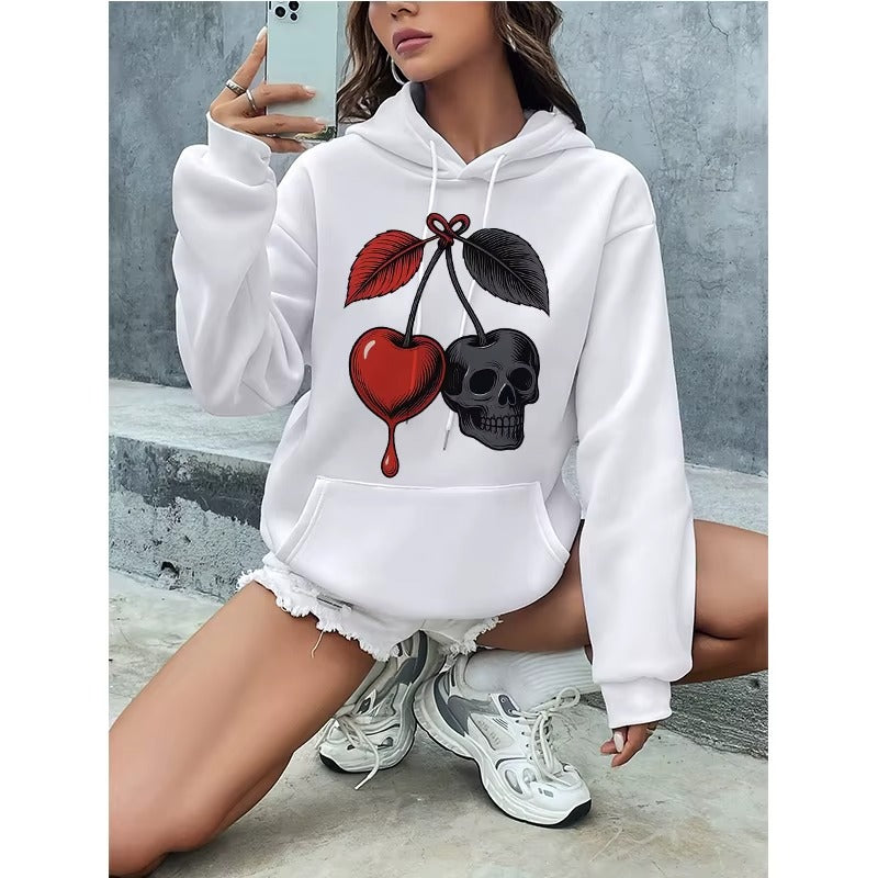 Women's Cherry and Skull Print Hoodie