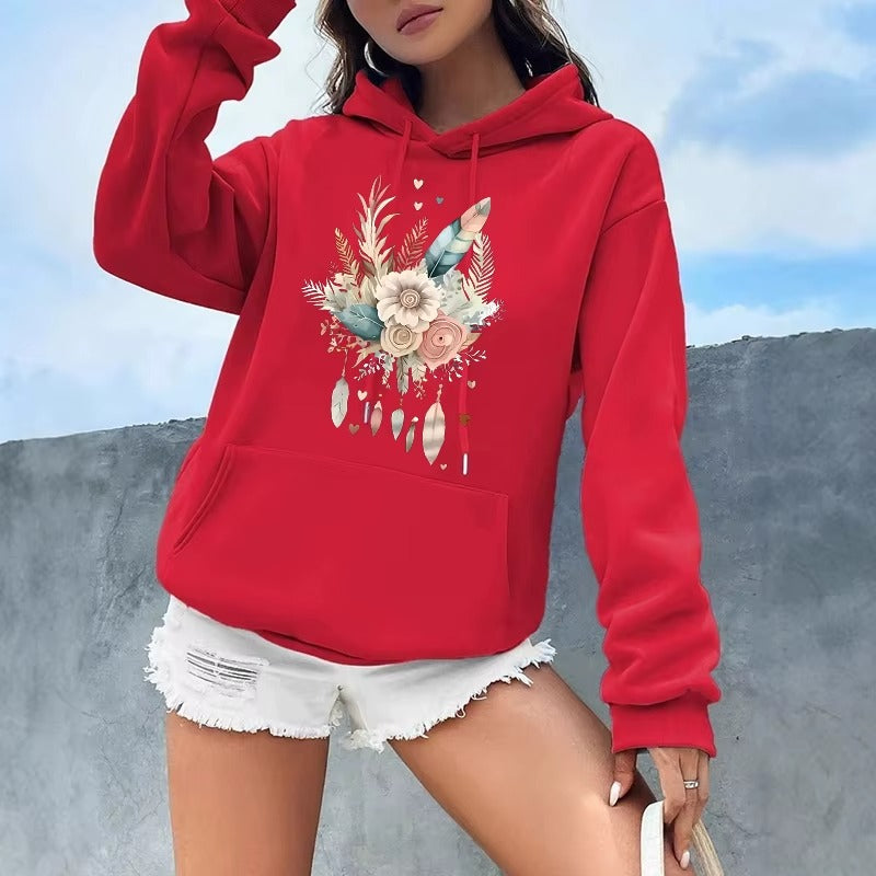 Women's Art Flower & Feather Print Hoodie
