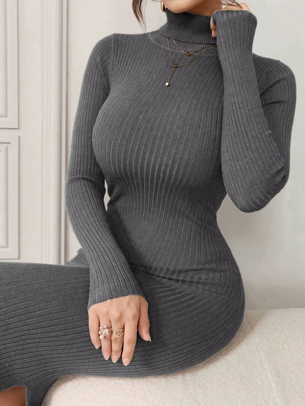 Gray High Neck Knitted Dress for Women