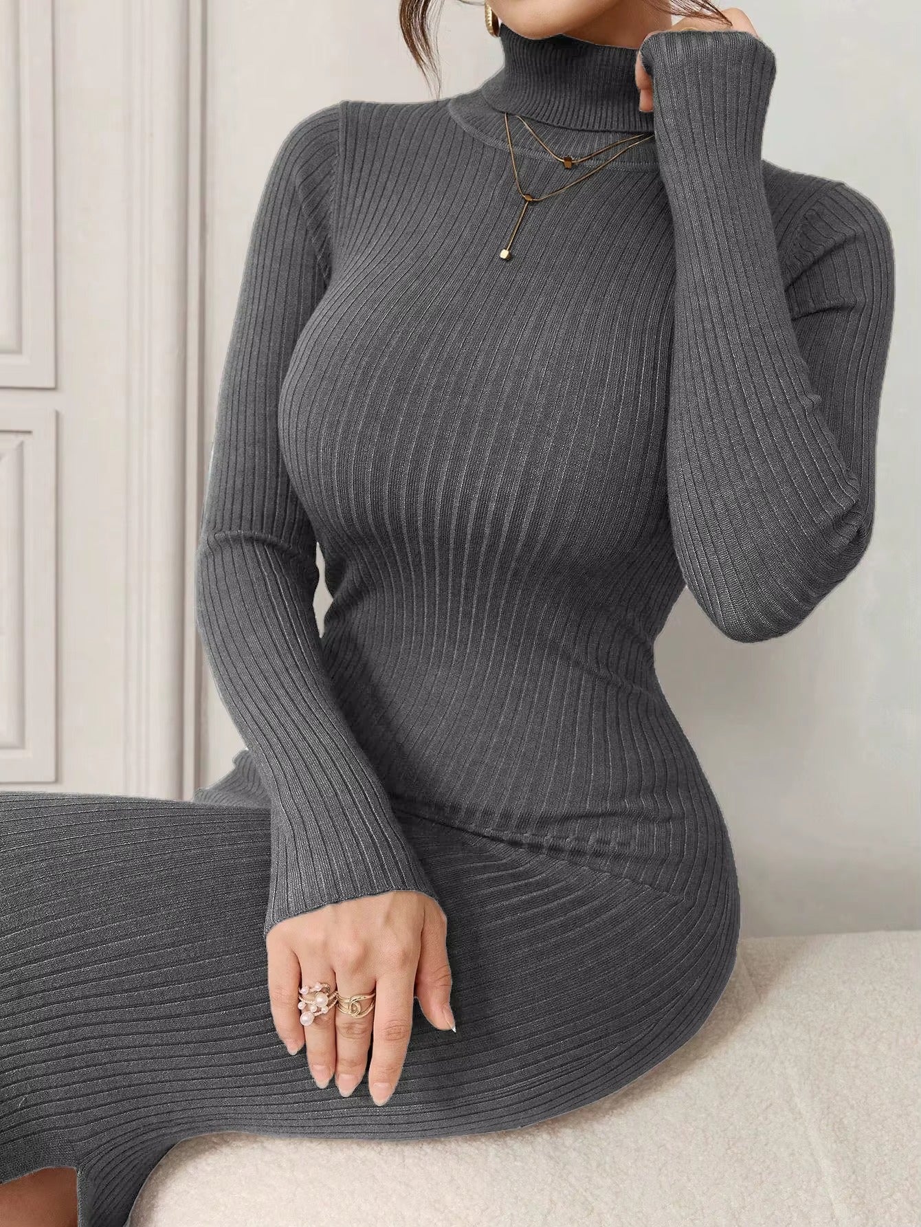 Gray High Neck Knitted Dress for Women