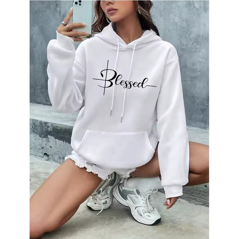 Women's Casual Hoodie with Blessed Letter Print