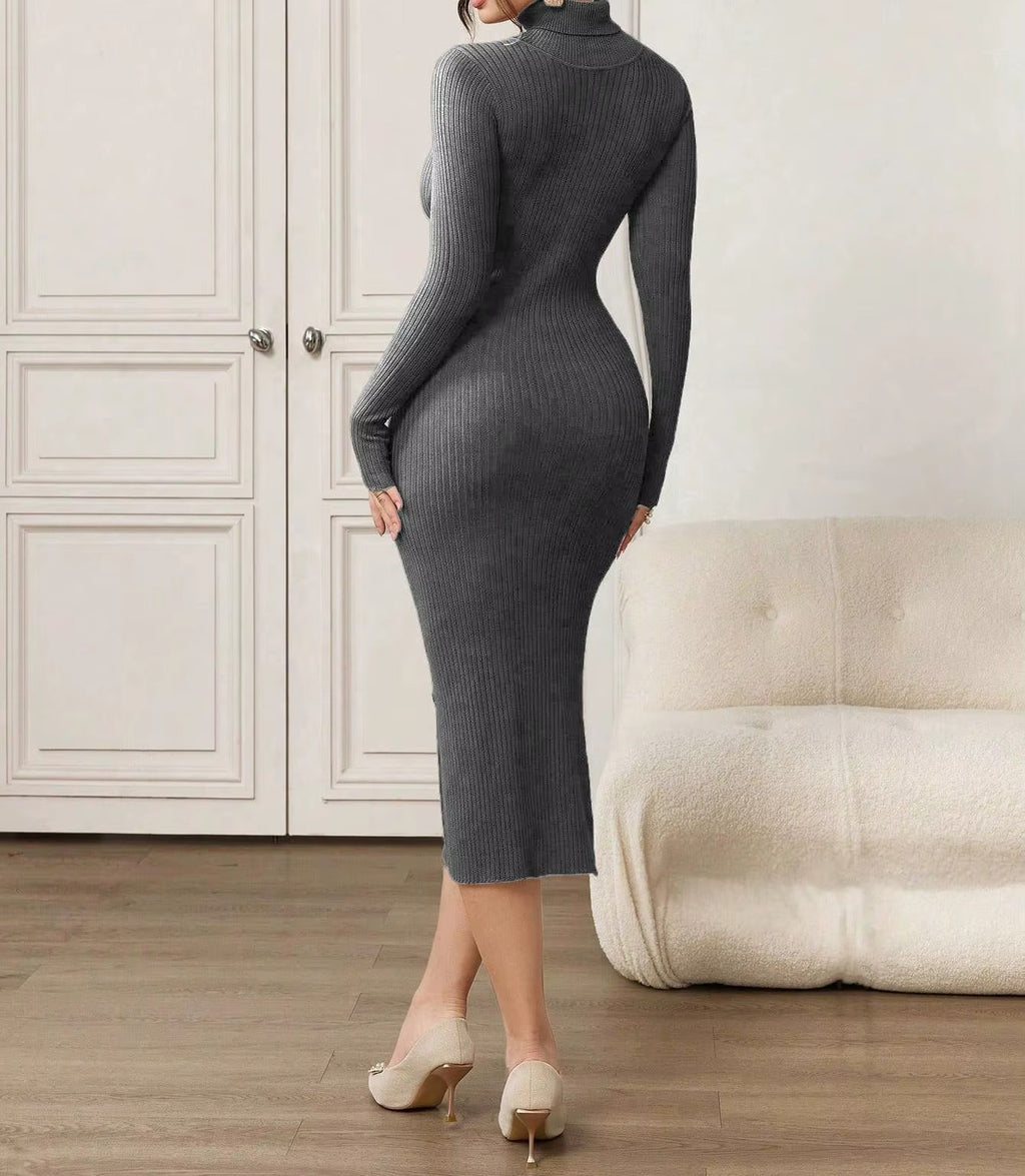 Gray High Neck Knitted Dress for Women