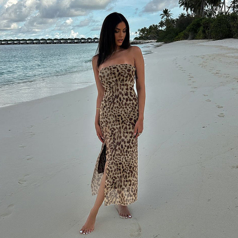 Ruby Vintage Leopard Print Sexy Straps Long Dress