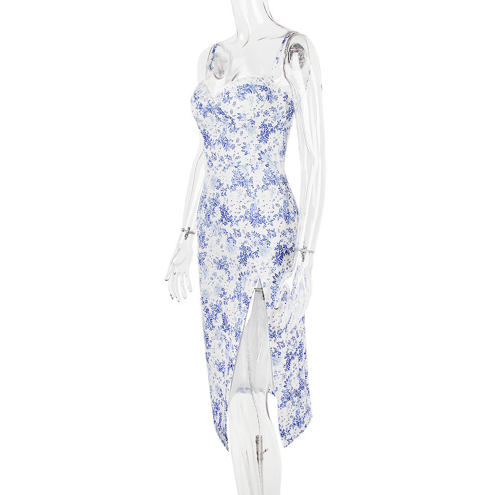 Helen Blue Print Split Midi Dress
