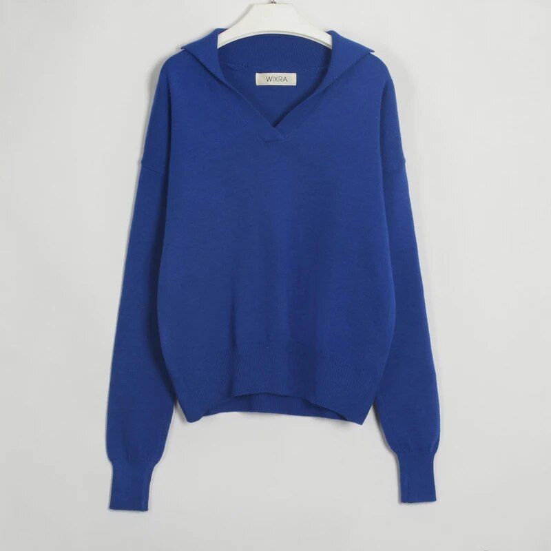 Whitney Solid V-Neck Turn-Down Collar Women Sweater