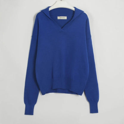Whitney Solid V-Neck Turn-Down Collar Women Sweater