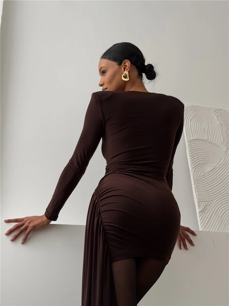 Beth Long Sleeve Draped Ruched Sexy Maxi Dress